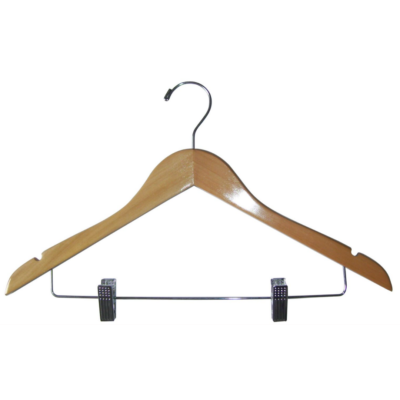 17" Flat Wooden Hanger with Metal Bar and Clips